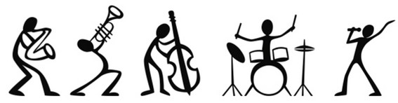 Grafik: Band mit Saxophon, Trompete, Kontrabass, Schlagzeug und Gesang