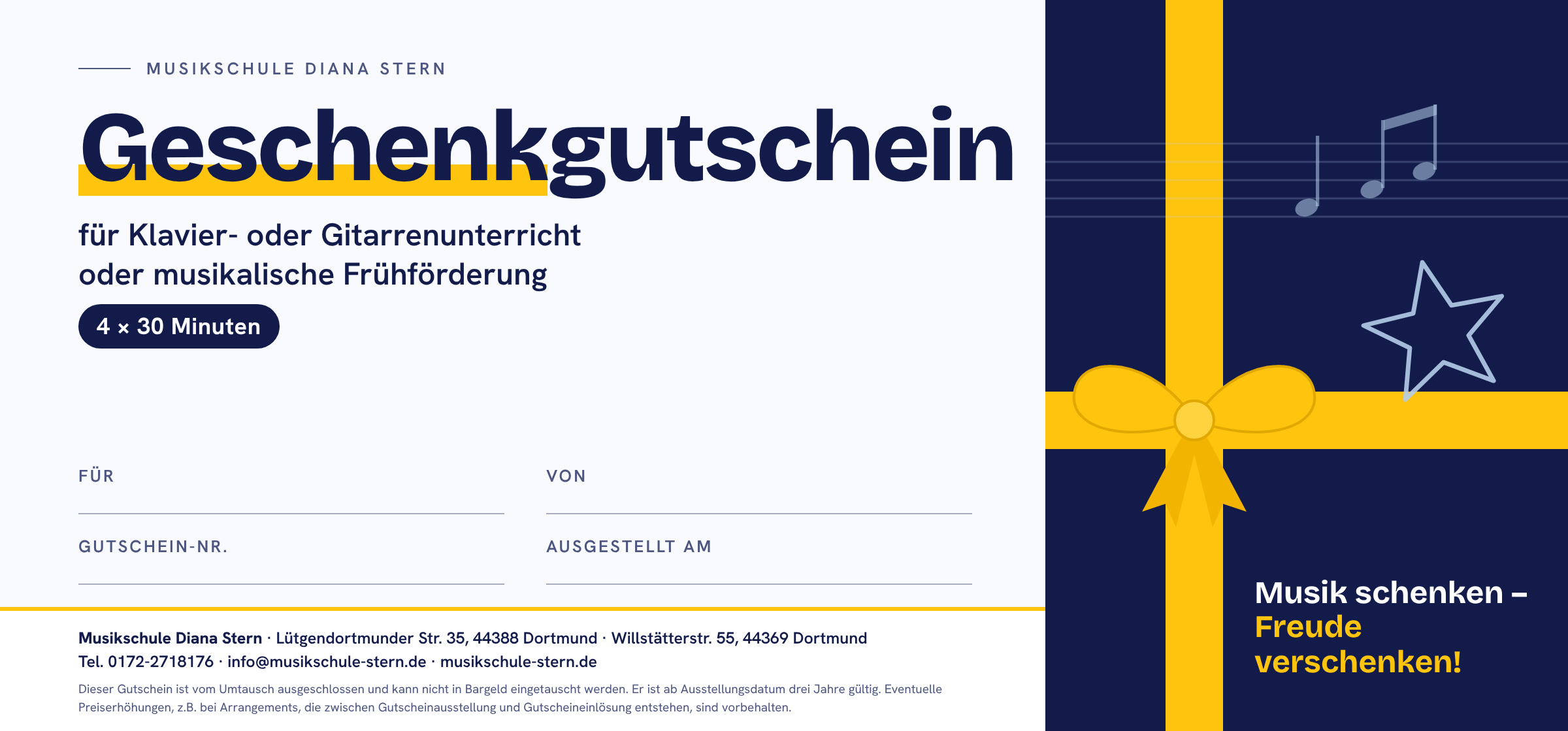 Gutschein für Klavier- oder Gitarrenunterricht oder musikalische Frühförderung, 4 × 30 Minuten