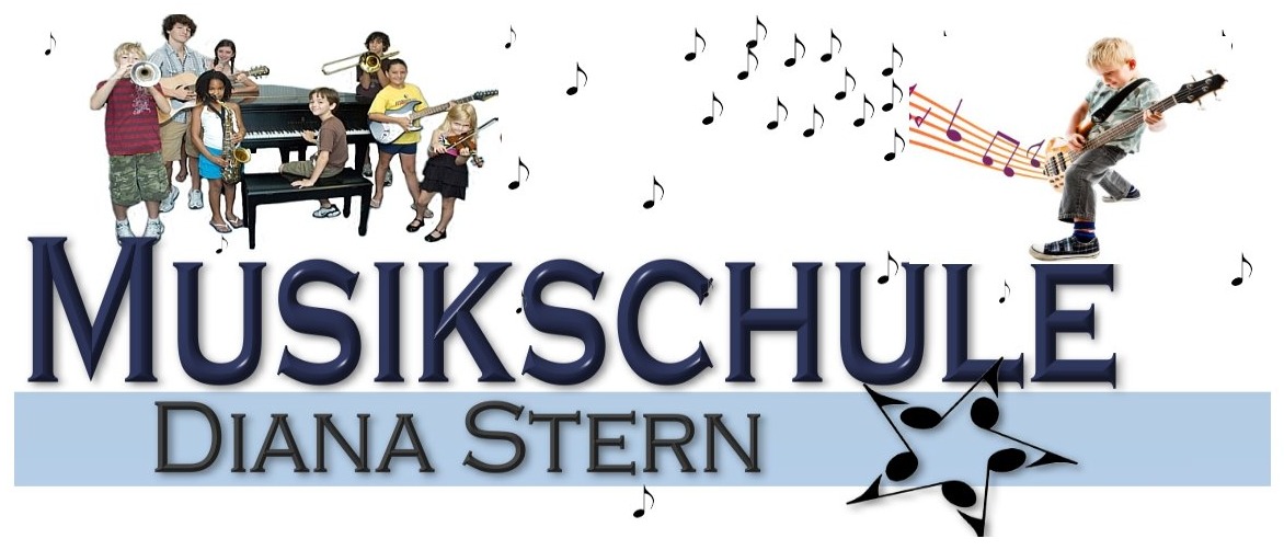 Musikschule Diana Stern: Kinder mit Instrumenten,
 Notenlinien und Notenstern